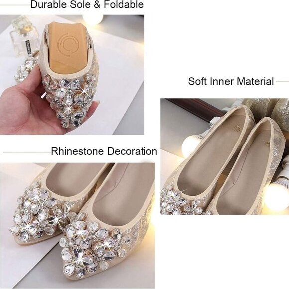 Women Foldable Flats Faux Leather 9.5-10 Slip On Rhinestone Pointed Toe - Picture 3 of 6